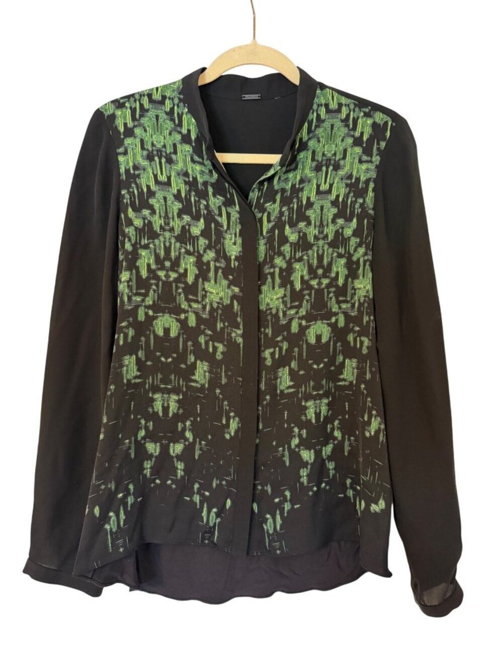 Elie Tahari Abstract Black & Green Matrix Silk Blouse Size S